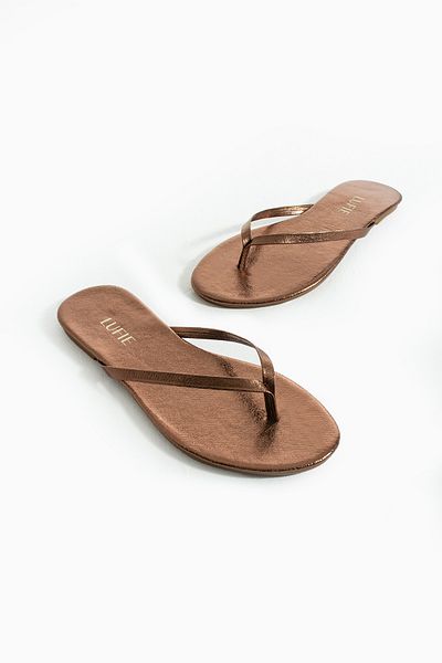 Lufie Style Women's Flip Flops Wrinkled Patent Leather Brown