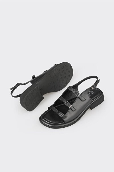 Elle Shoes Black Leather Women's Flat Sandals