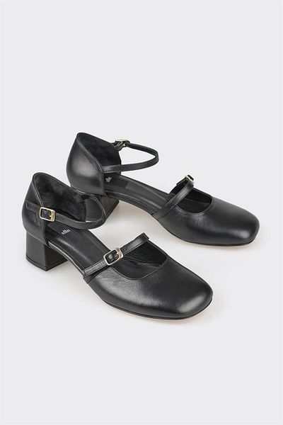 Elle Shoes Black Leather Women's Heeled Shoes