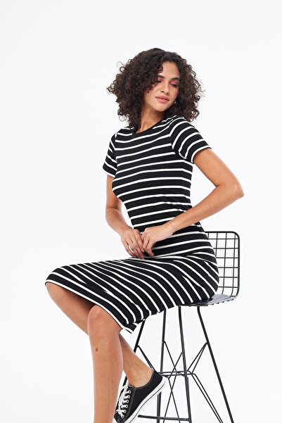 Chandraswear Black Long Striped Women's Dress - Short Sleeve, Summer