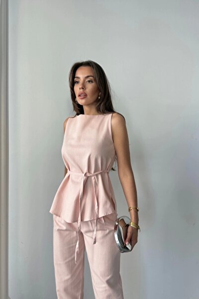 Modayakamoz Linen Bluz - Pant Suit Massimo Model Screat Fabric - Powder