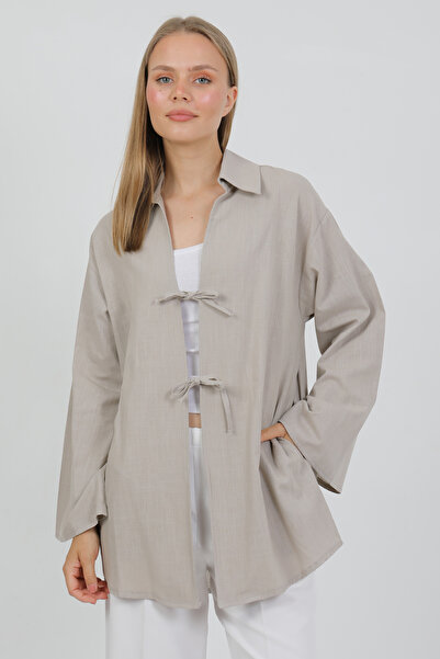 PASTELASTORE Μπεζ 100% βαμβακερό λινό γυναικείο κιμονό με κορδόνια 1165 – Που...