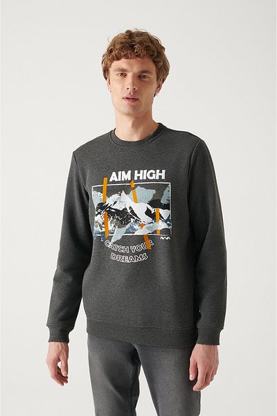 Avva Men's Anthracite Crew Neck 3 Thread Raised Printed Sweatshirt A22Y1248