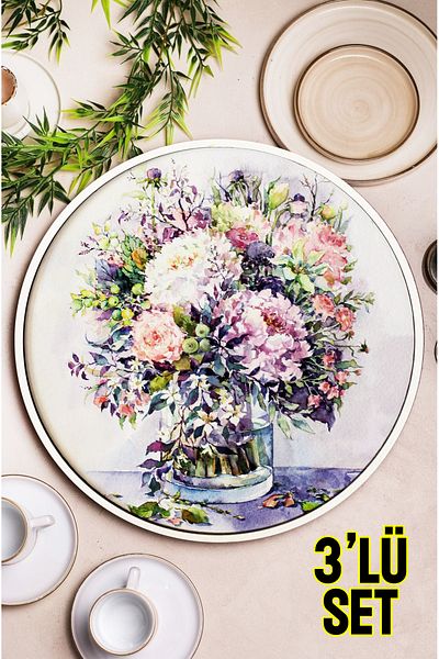 kutuTR 🌸   طقم صينية MDF منقوشة على شكل باقة زهور مكونة من 3 قطع (24 سم) - أناقة مع ألوان نابضة بالحياة تعتمد على الماء! 🌸   M6