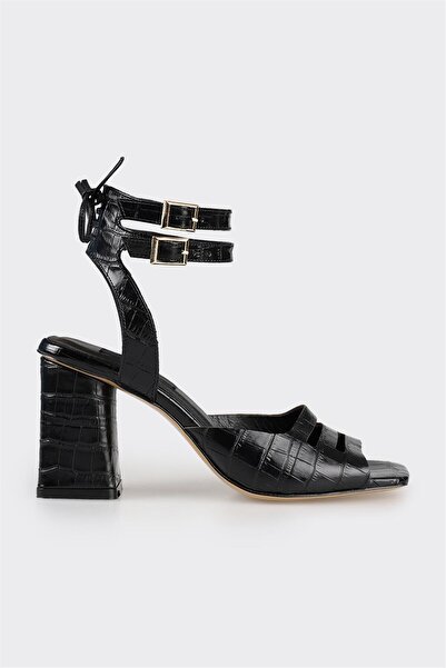 Elle Shoes Black Leather Women's Heeled Sandals