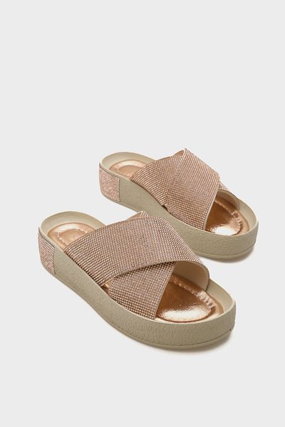 Capone Outfitters Maren Cross Stone Banded Stone Detailed Wedge Heel Women's Slippers