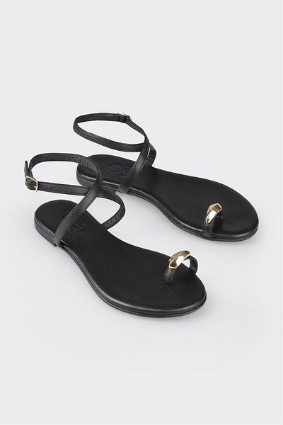 Elle Shoes Black Leather Women's Flat Flip Flops Sandals