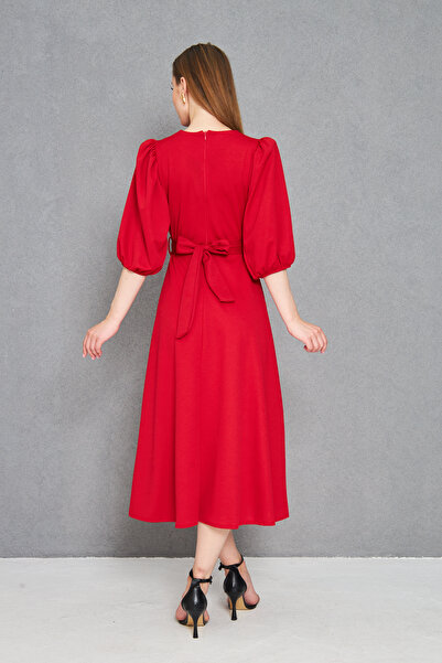 Secret Passion Lingerie Γυναικείο μπαλόνι με πέτρινη λεπτομέρεια με ζώνη με διπλό γιακά κόκκινο μίντι βραδινό φόρεμα 3602