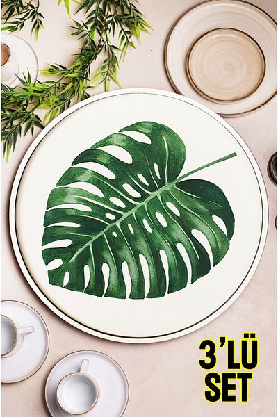 kutuTR 🪴   طقم صواني MDF منقوشة بأوراق استوائية مكونة من 3 قطع - 24 سم M18