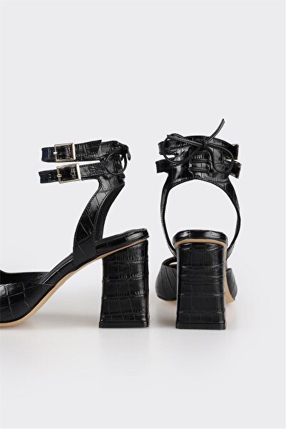 Elle Shoes Black Leather Women's Heeled Sandals