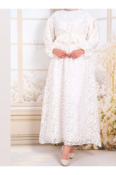 Rita 25Y61551 ELBİSE BELLİ TÜNELLİ ASTARLI YAKMA DESEN BEYAZ