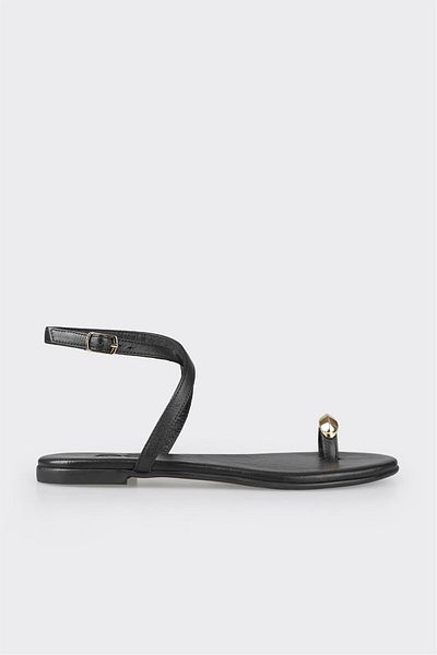 Elle Shoes Black Leather Women's Flat Flip Flops Sandals