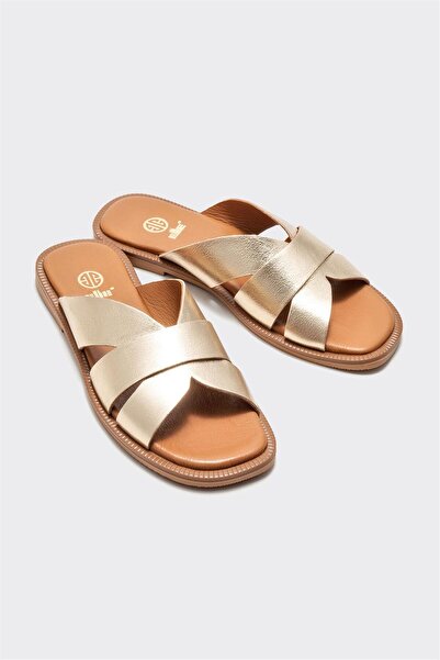 Elle Shoes Gold Deri Kadın Düz Terlik