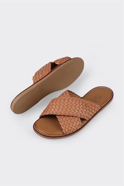 Elle Shoes Taba Deri Kadın Düz Terlik