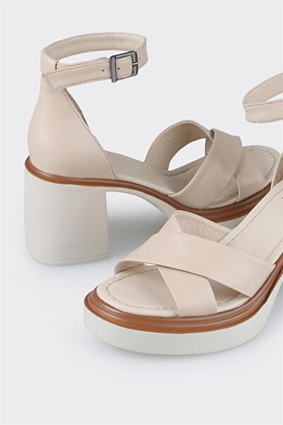 Elle Shoes Ecru Leather Women's Heeled Sandals