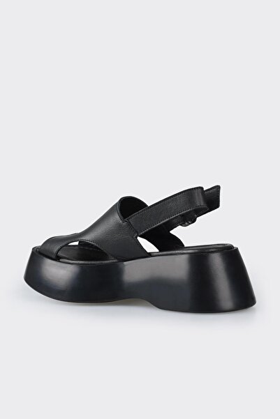 Elle Shoes Black Leather Women's Wedge Heel Sandals