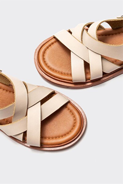 Elle Shoes Beige Leather Women's Flat Sandals