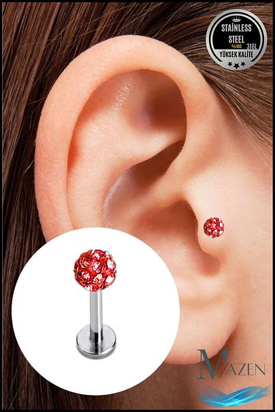 MAZEN Zircon Stone Piercing |   8mm Red |   Non-Tarnish Steel |   Cartilage Tragus Lip |   Single Ball