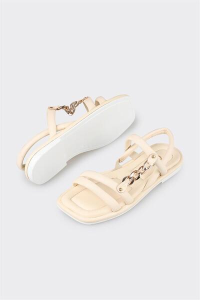 Elle Shoes Beige Leather Women's Flat Sandals