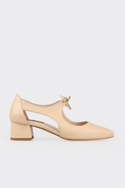 Elle Shoes Beige Leather Women's Heeled Shoes
