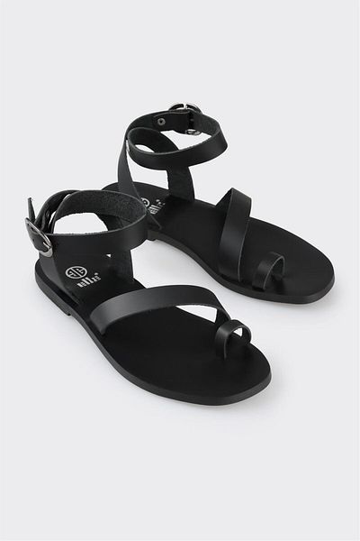 Elle Shoes Black Leather Women's Flip Flops Sandals