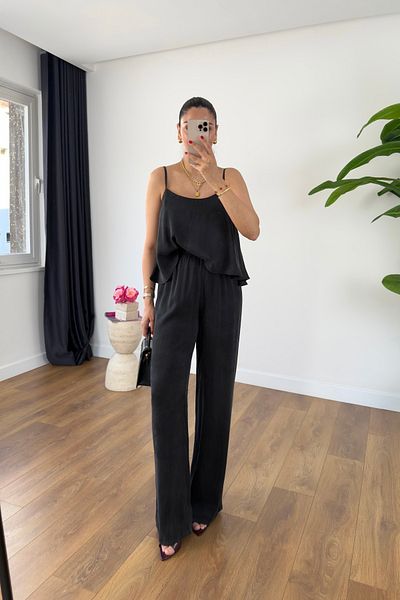 BİRCANÇİL Loney Black Strap Adjustable Blouse Pants Set