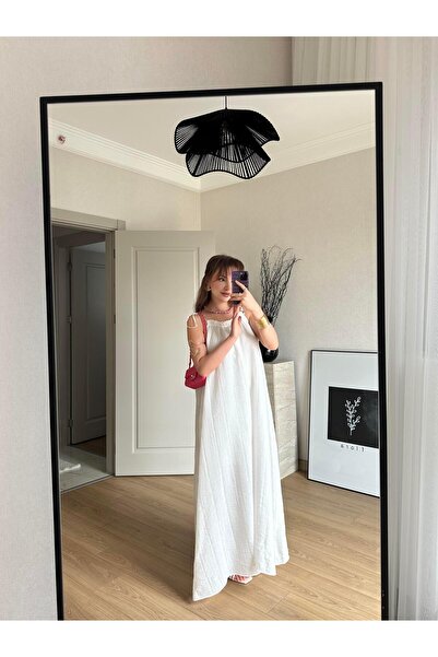 BAŞARAN Μακρύ φόρεμα Seersucker με λουράκι με κορδόνια εκρού