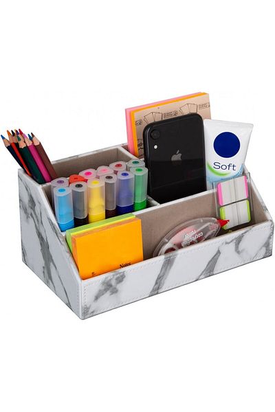 AINAK Desk Organizer, Pu Leather/mdf, Gray, 24 X 13.5 X 12 Cm