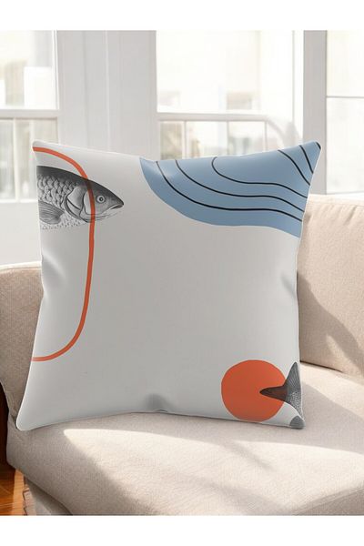 ASDİVA Smr Abstract Fish Pattern Modern Throw Pillow Decorative Cushion Cream Colored 43X43