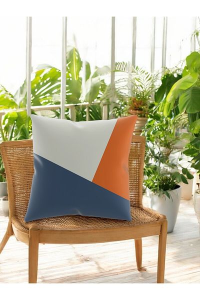 ASDİVA Smr Geometric Patterned Throw Pillow – Orange and Navy Blue Blocks on White Background 43X43