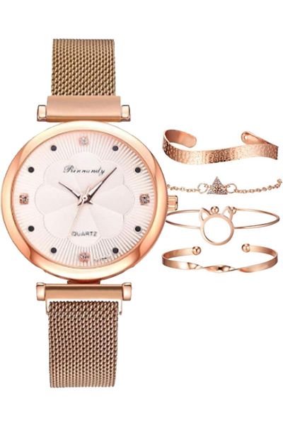 MACON Luxury Magnet Buckle Flower Rhinestone Ladies Quartz Wrist Watch with 4 Pcs Bracelet Set - Gold