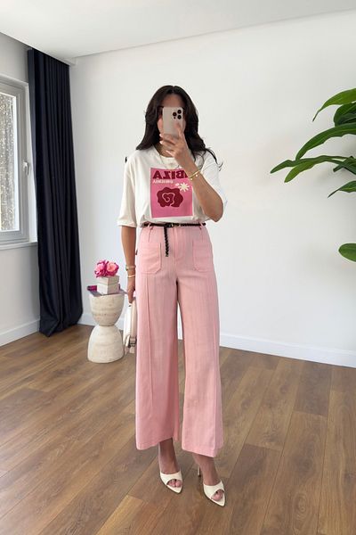 BİRCANÇİL Aleda Pink Linen Trousers with Front Pocket Detail