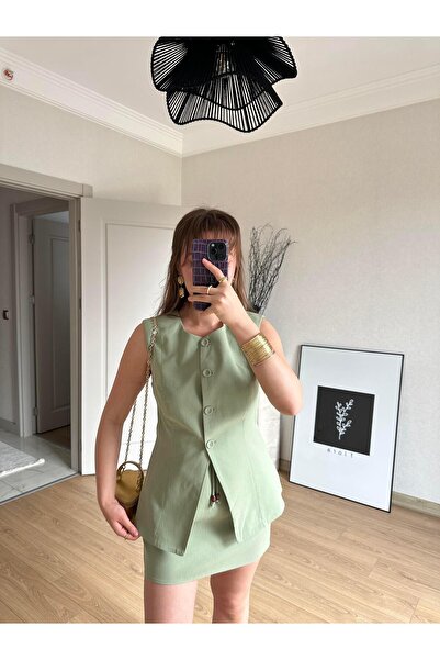 BAŞARAN Button Front Vest and Linen Skirt Set