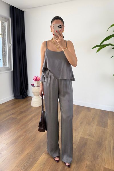 BİRCANÇİL Loney Gray Suspender Adjustable Blouse Pants Set