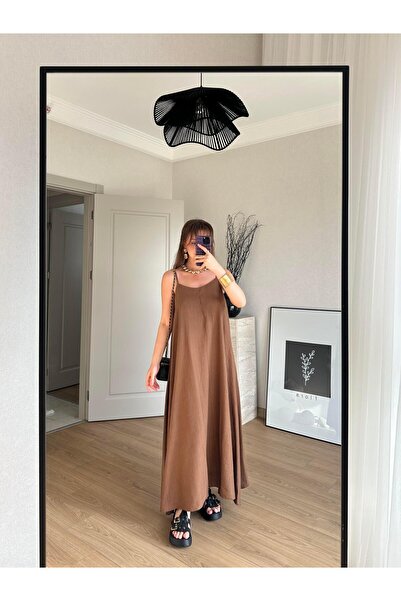 BAŞARAN Thin Strap Long Dress Stone