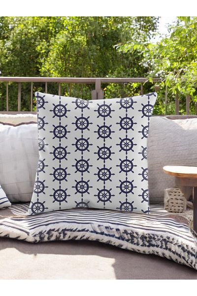 ASDİVA Smr Ship Rudder Patterned Modern Throw Pillow Decorative Cushion Soft Blue White Colored 43X43