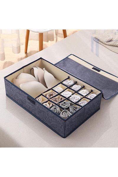 Saharaz Foldable Underwear Drawer Storage Box, Durable and Breathable, 17 Compartments, Navy Blue