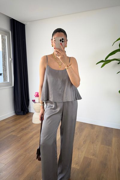 BİRCANÇİL Loney Gray Suspender Adjustable Blouse Pants Set