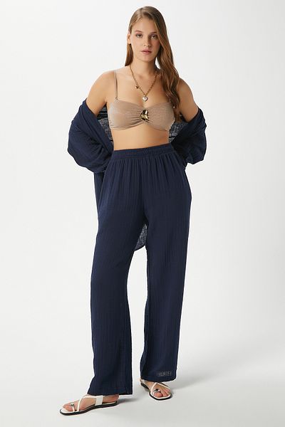 Ritnice Women's Maja 100% Cotton Muslin Navy Blue Trousers with Elastic Waist