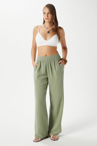 Ritnice Women's Maja 100% Cotton Muslin Elastic Waist Khaki Trousers
