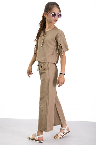 Cansın Mini Coffee Halter T-Shirt Girl's Pants 2 Piece Set 21188