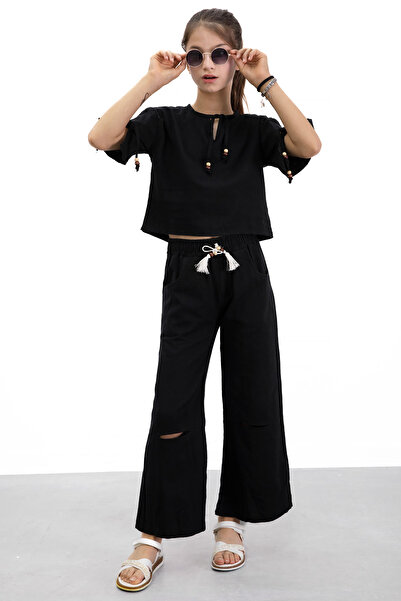 Cansın Mini Black Halter T-Shirt Girl's Pants 2 Piece Set 21186