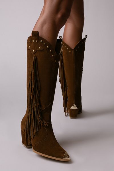 Vanilla Days Calypso brown suede boots with gold accessories