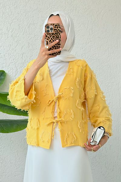 Salih Çelebi Patch Ripped Detailed Kimono 2330 - Mustard