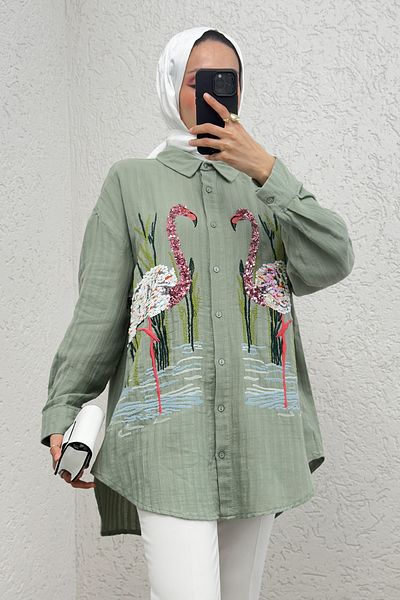 Salih Çelebi Swan Embroidered Tunic 2233 - Mint Green