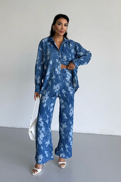 Ladima Women's Indigo Leaf Effect Crinkle Shirt Pants Bottom Top Set