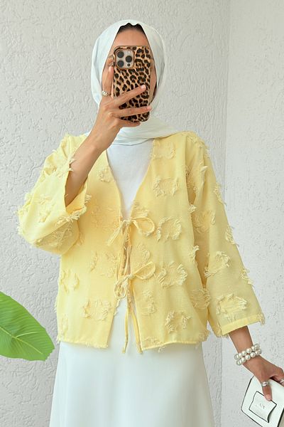 Salih Çelebi Patch Ripped Detailed Kimono 2330 - Yellow