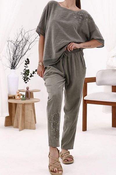 AYASOFYA OTANTIK Women's Khaki Elastic Waist Lace up Single Leg Sequin Embroidery Detailed Pocketed Carrot Leg Casual Linen Trousers