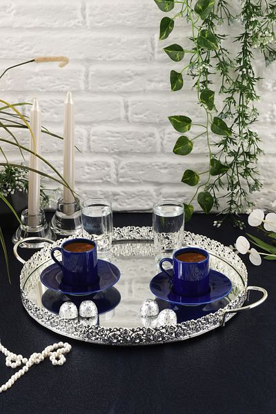 HELVACIOĞLU AKSESUAR Coffee, Tea, Chocolate Presentation Tray with Mirror Handle 35 cm Silver