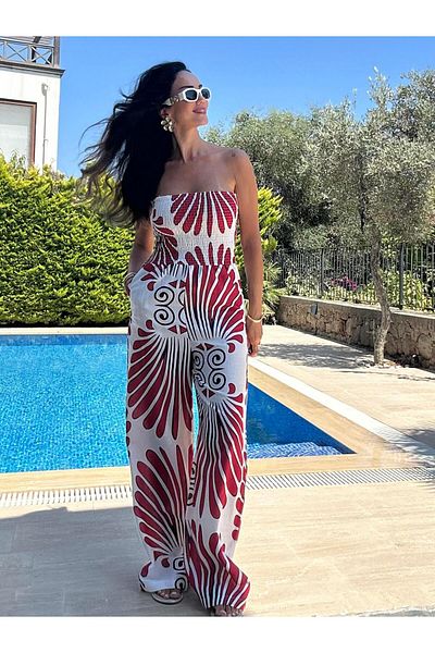 Atelier Derin Red Patterned Strapless Jumpsuit on White